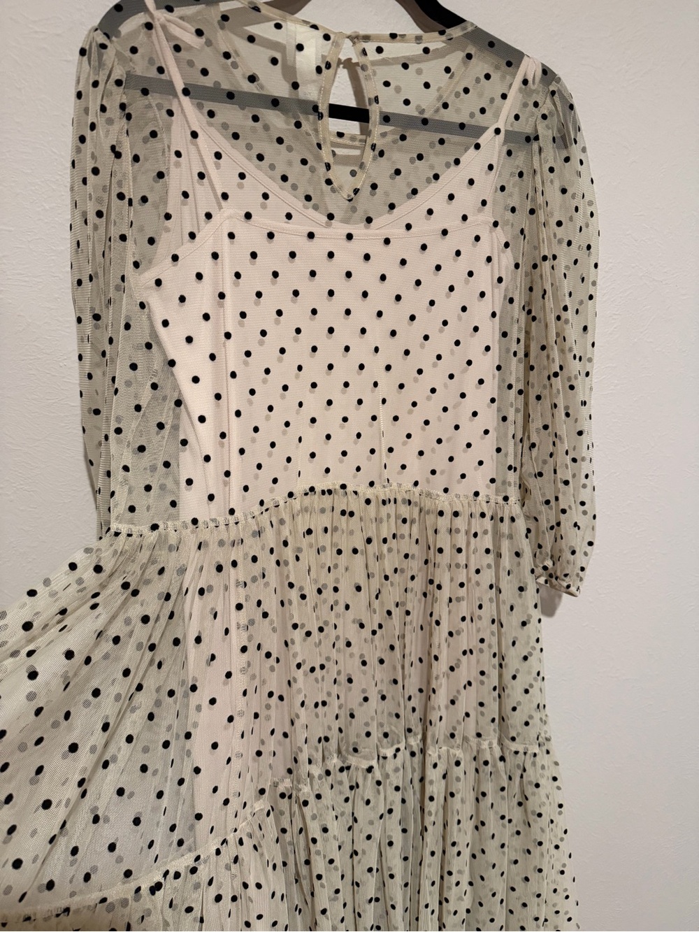 Elegant Polka Dot Mesh Midi Dress Puff Sleeve Romantic Style